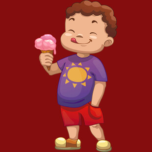 小男孩开心吃粉色冰淇淋