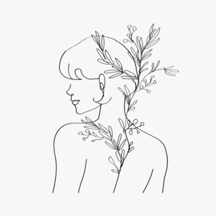 线条勾勒的植物与人像轮廓