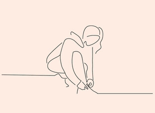 女孩系鞋带的简洁线条画