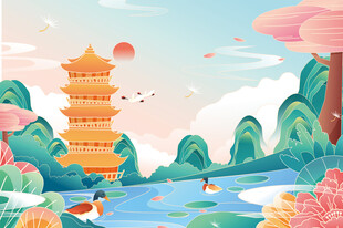 古风山水间的宝塔美景