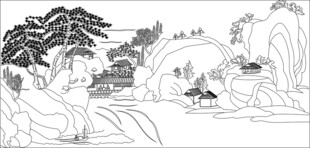 水墨山水风景线稿图