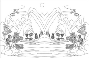 中式山水风景黑白线稿图