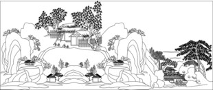 中式山水墨线稿风景图