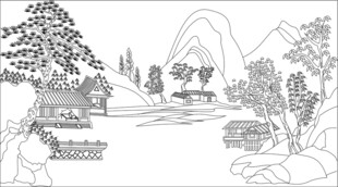 山水田园风景线稿图