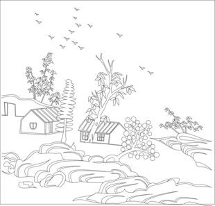 水墨风乡村风景简笔画