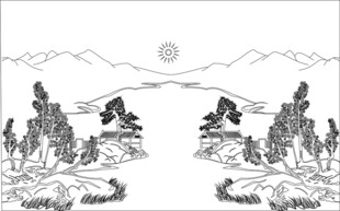 山间日出风景黑白插画