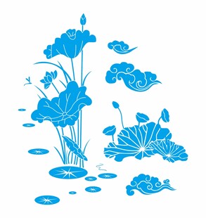 蓝色荷花游鱼图案