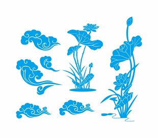 中式蓝白祥云花卉图案
