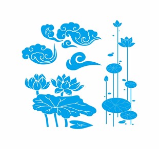 中式蓝色荷花水纹图案元素