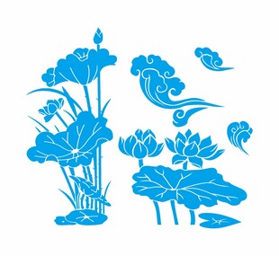 蓝色中式荷花飞鸟图案