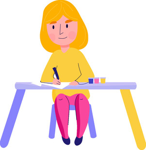 女孩桌边专注绘画