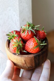 手捧木碗中的新鲜草莓