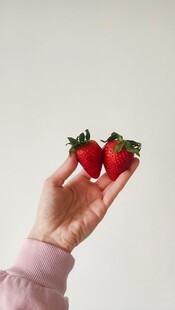 手捧两颗鲜红草莓
