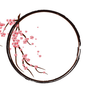 圆形框中绽放的粉色花枝