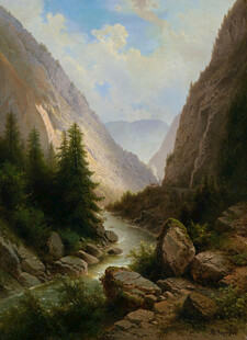 山间溪流风景油画
