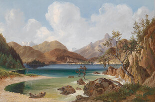 湖畔山景油画风光