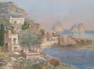 海边小镇风景油画