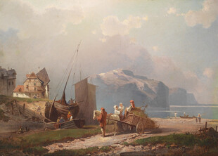 海边村落风景油画