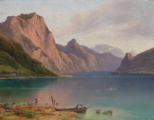 湖畔山景油画风光