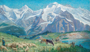 山间湖畔美景油画