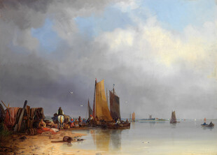 海滨船只风景油画