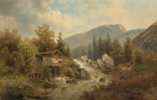 山间溪边小屋风景