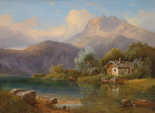湖畔山间小屋油画风景