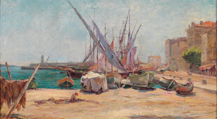 港口船只风景油画作品