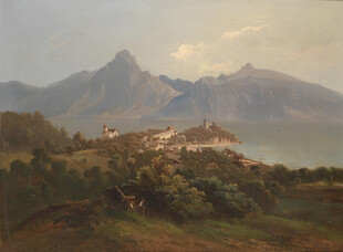 山间湖畔风景油画