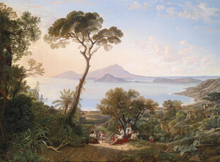 湖畔山林风景油画