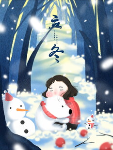 冬日女孩与雪人温馨场景