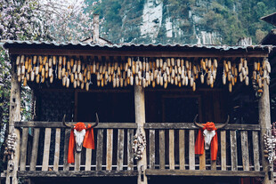 乡村木屋挂饰装点的阳台