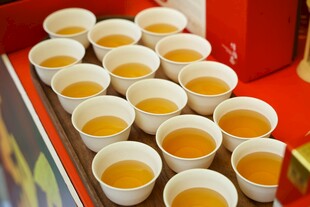 整齐排列的黄色液体小杯