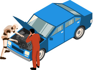 两人检修蓝色轿车