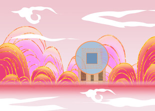 梦幻粉色山水间的小屋
