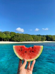 海边手持西瓜的惬意瞬间