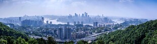 城市天际线与葱郁山林