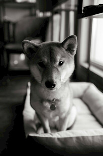 柴犬端坐狗窝中