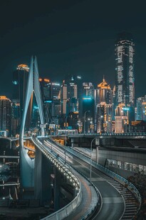 城市夜景中的桥梁与繁华建筑