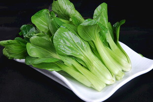新鲜小白菜摆放在白盘上