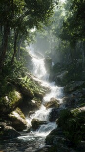 山林间的潺潺瀑布美景