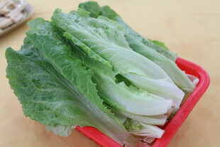 新鲜生菜置于红色容器中