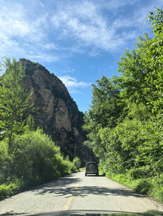 山间公路旁的葱郁青山