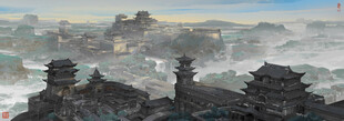 水墨风格古城远景图