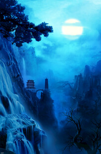 月夜山间瀑布奇幻景象