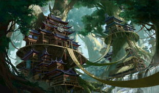 奇幻森林中的神秘古式建筑