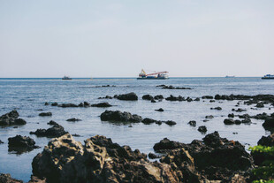 海边礁石与远处船只景观