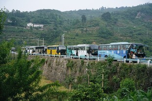 公路旁停靠的多辆长途客车
