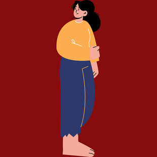 红衣背景下的赤脚女性形象