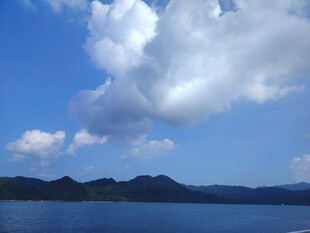 蓝天白云下的宁静湖水